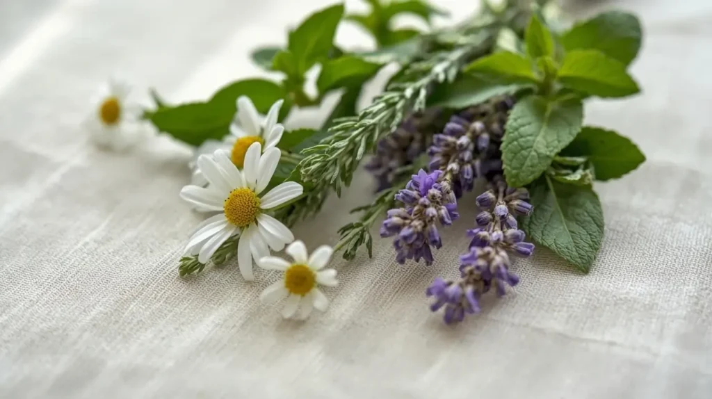 Buket svježeg ljekovitog bilja koji sadrži kamilicu, mentu i lavandu, položen na lanenu tkaninu prirodne teksture.