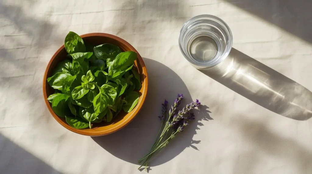 Minimalistički prikaz zdjele sa zelenim lisnatim povrćem, čaše vode i grančica lavande na lanenom stolnjaku, koji simbolizira prirodnu regulaciju hormona i zdravu prehranu.