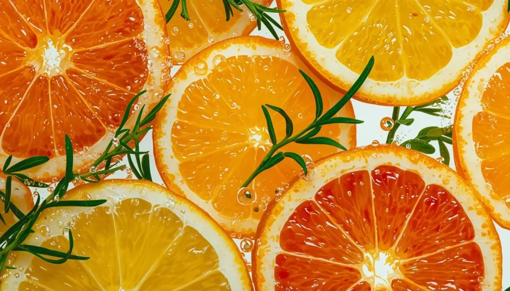 Krupni plan kriški naranče i limuna s ružmarinom u gaziranoj vodi s mjehurićima, koji predstavlja svježinu, energiju i unos prirodnih nutrijenata protiv kroničnog umora.