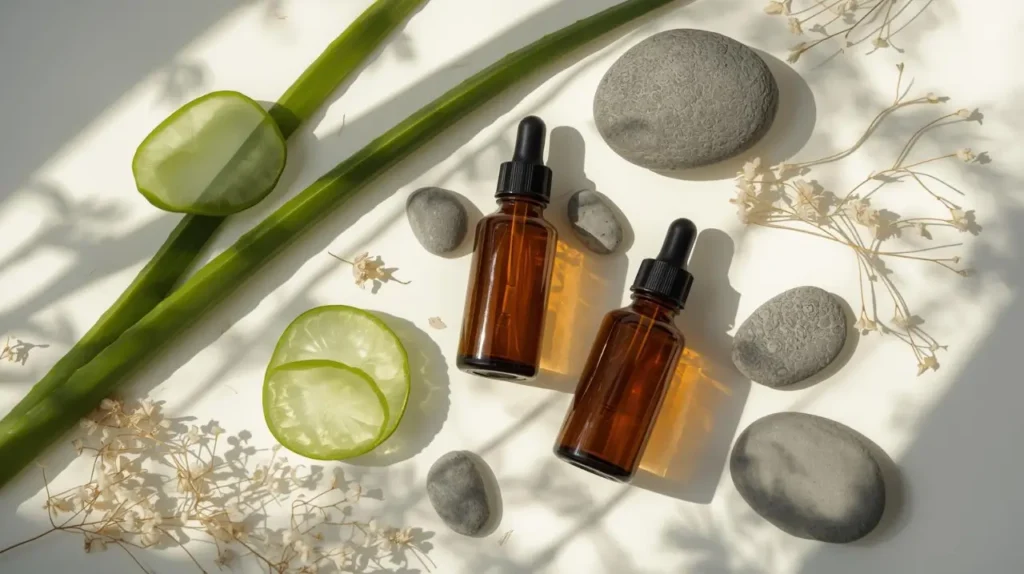 Minimalistički prikaz prirodne kozmetike: dvije jantarne staklene bočice seruma okružene kriškama aloe vere, sivim kamenjem i sitnim cvijećem na bijeloj podlozi sa sjenama biljaka.