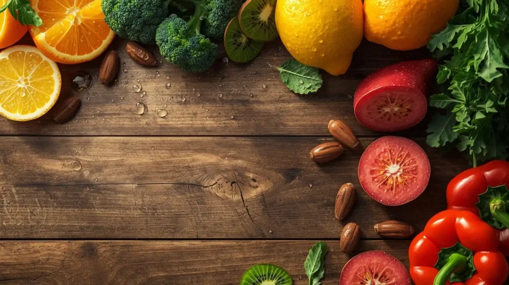Raznoliko svježe voće i povrće bogato vitaminima, poput agruma, brokule, kivija i crvene paprike, poslagano na tamnoj drvenoj površini s praznim prostorom u sredini.